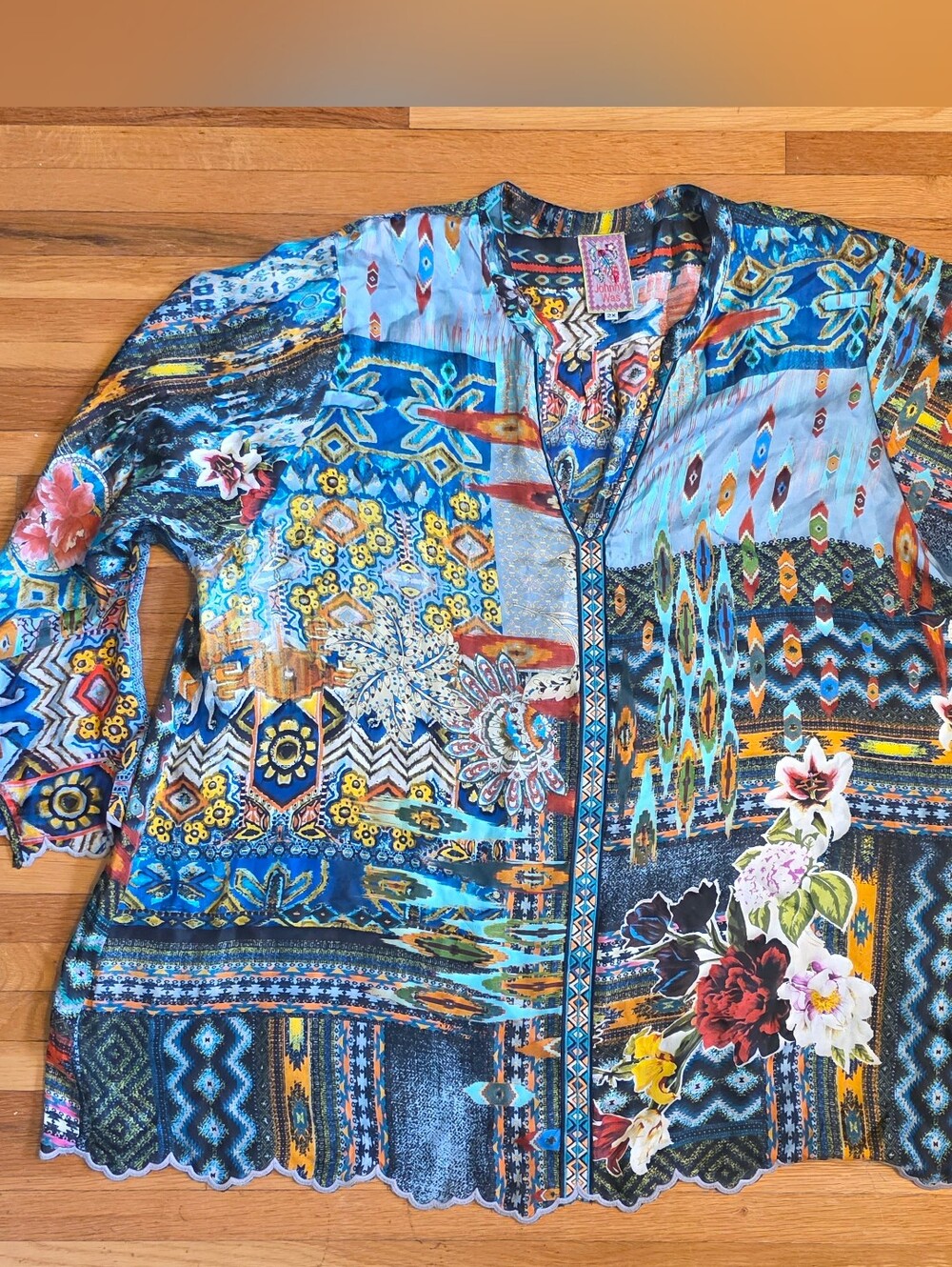Johnny Was 2X 100% Silk Multicolor Floral Geometric Blouse Tunic Italy Eclectic